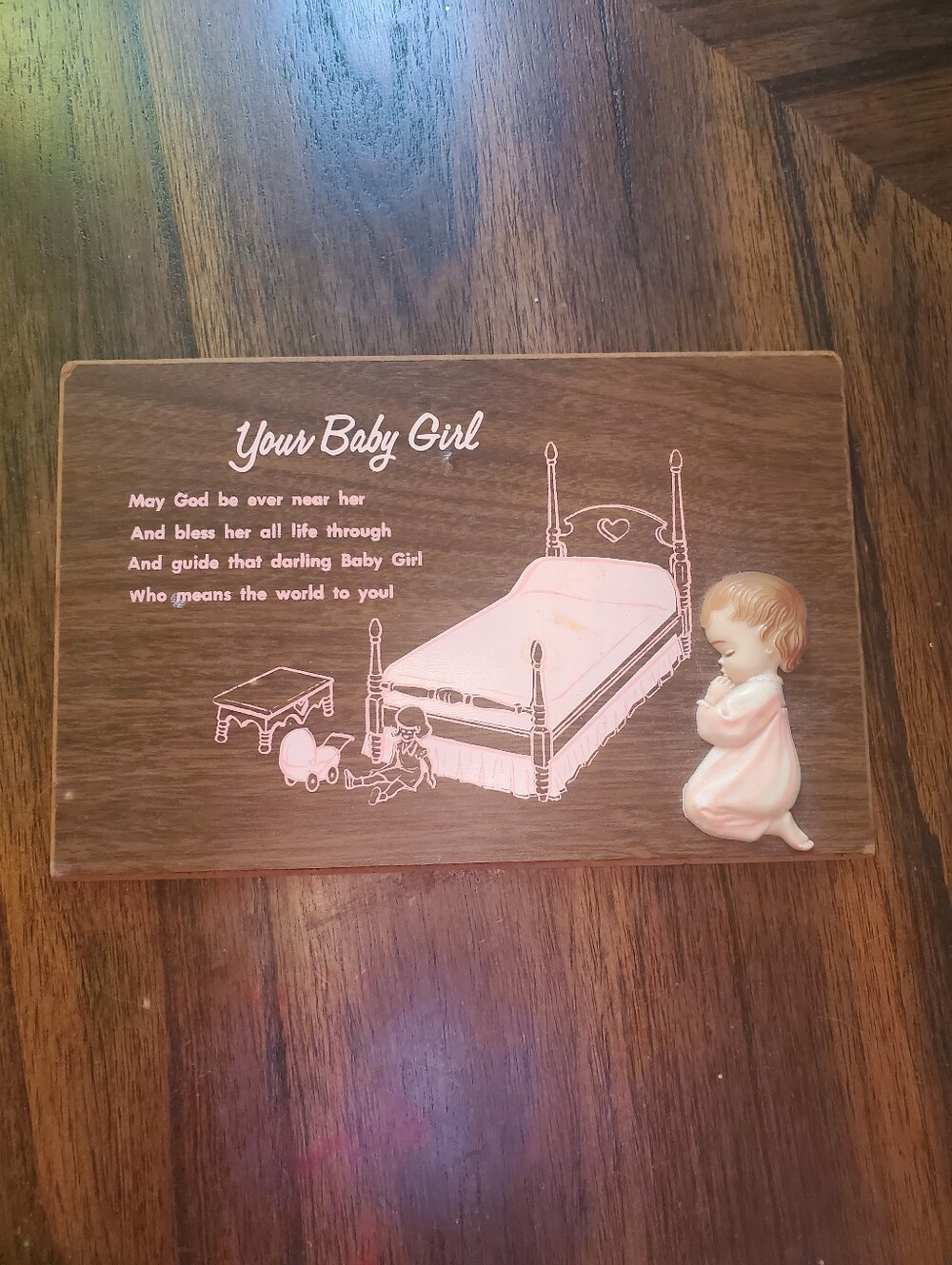1970's Your Baby Girl Wooden Wall Plaque with Pink Accents